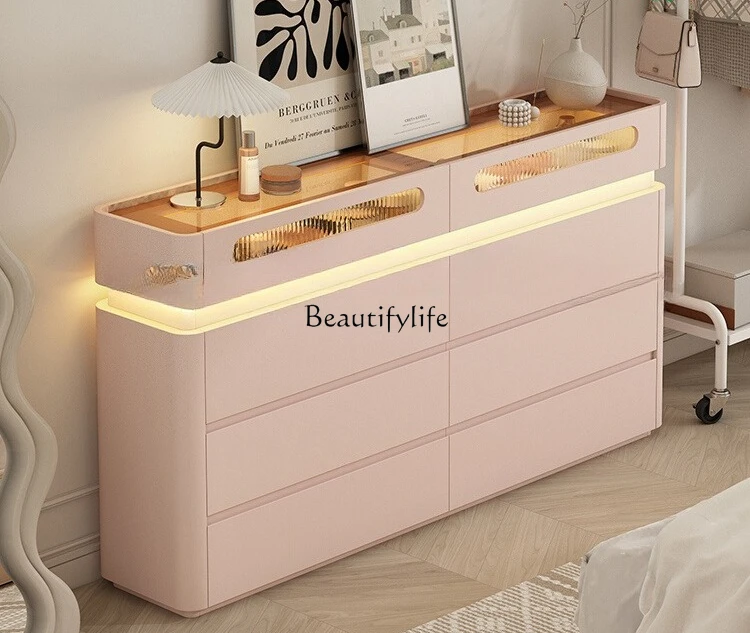 

Light Luxury Cream Style Solid Wood Eight-Drawer Cabinet Storage Bedside Cabinet Dressing Table Integrated Pink