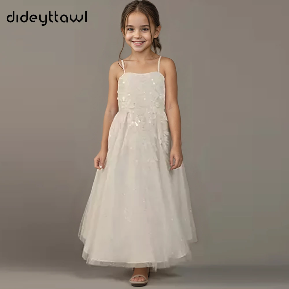 

Dideyttawl Customized Spaghetti Strap Sequin Embroidered Tulle Skirt Open Back Floor Length Elegant Princess Flower Girl Dress