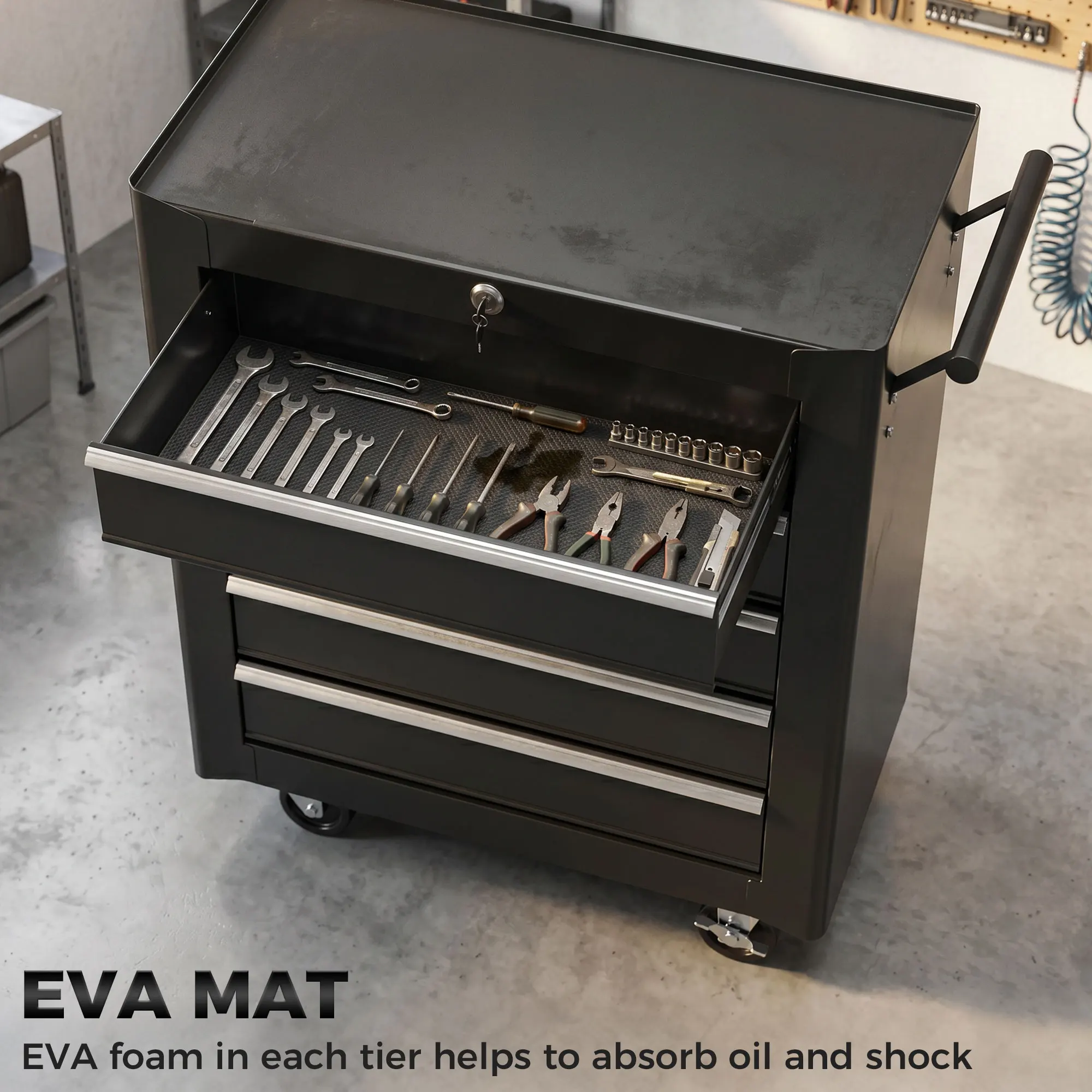 HOMCOM 5-Drawer Tool Chest Steel Lockable Tool Storage Cabinet w/ Wheels Black