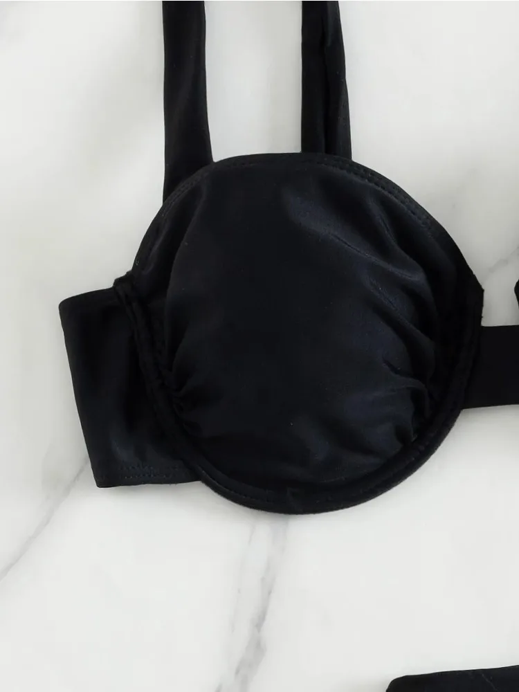 2025年女性用セクシープッシュアップアンダーワイヤーブラックホローアウトスターフィッシュスカート3ピースビキニセットサマーホリデー水着バケーション衣装