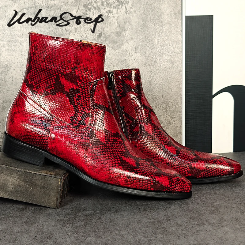 

Luxury Brand Men's Chelsea Boots High Zipper Mid-Calf Boots Slip On Python Casual Shoes Red White Basic Boots Leather Shoes Men