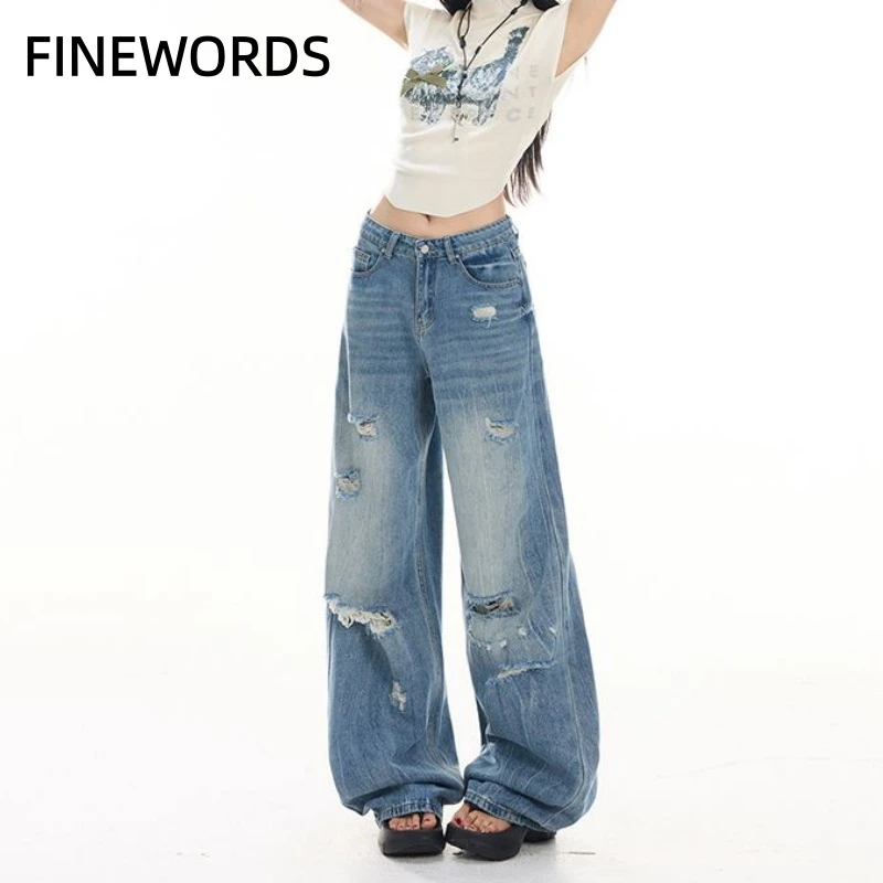 

Женские джинсы FINEWORDS с высокой талией, рваные, с дырками, в стиле Y2K, синие, широкие, повседневные, свободные, уличный стиль, полноразмерные брюки