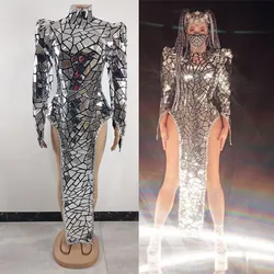 Silver Mirror Sequin Split Long Dress Women Singer Dancer Nightclub DJ Stage Performance Costume Party Show Festival Rave Outfit