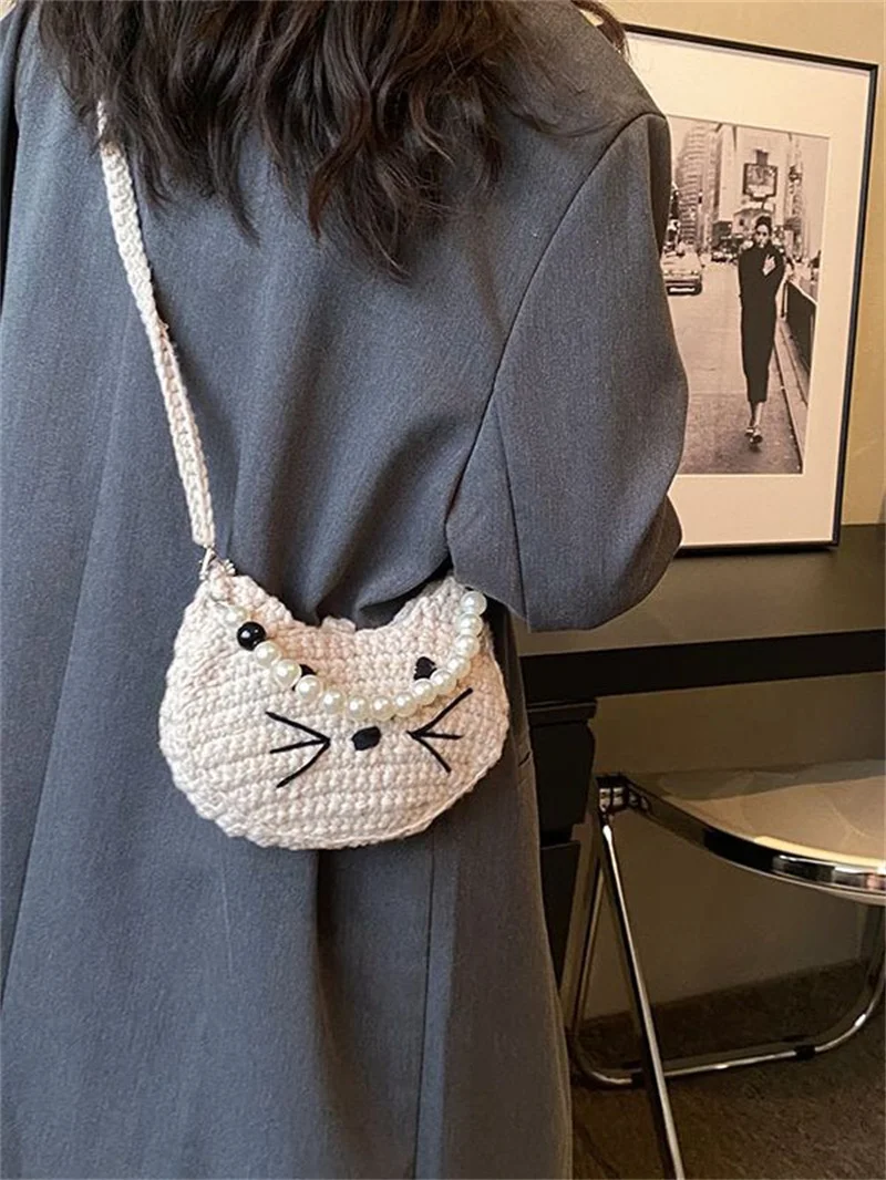 New Cute Cat Children\'s Pearl Handbags Shoulder Bag Girl\'s Small Mobile Phone Bag Messenger Bag Mini Women\'s Bag