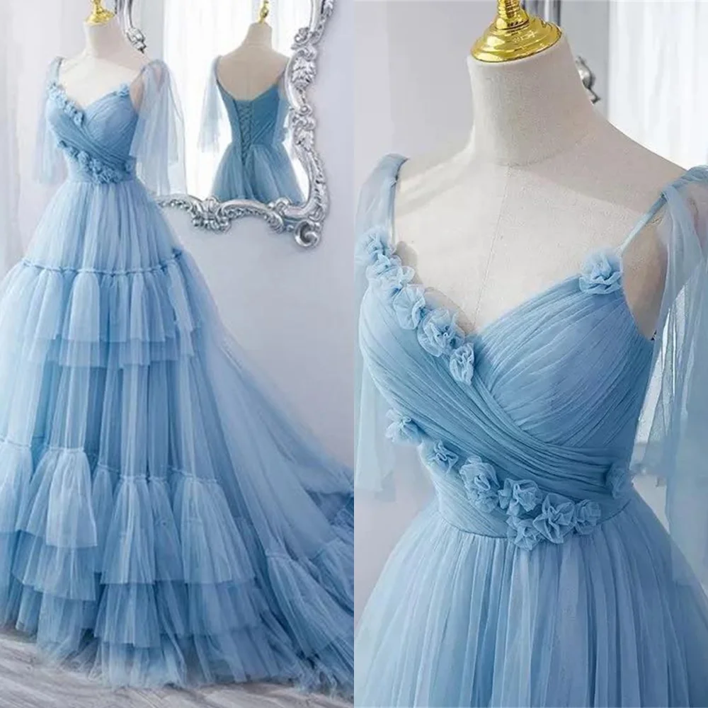 

Customized High Quality Light Blue Tulle Evening Dress Exquisite Square Collar Spaghetti Straps Lace Up Back Homecoming Dress