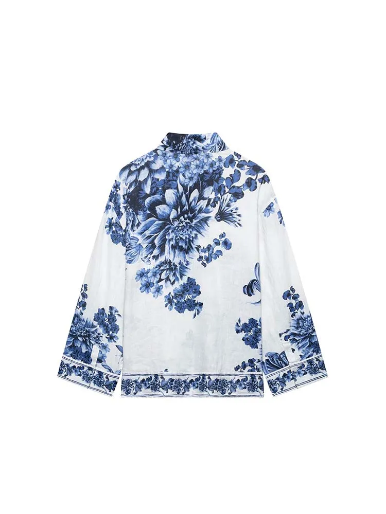 Camicie larghe estive da donna Camicette Top 2025 Abbigliamento da strada elegante femminile a maniche lunghe in lino con stampa vintage