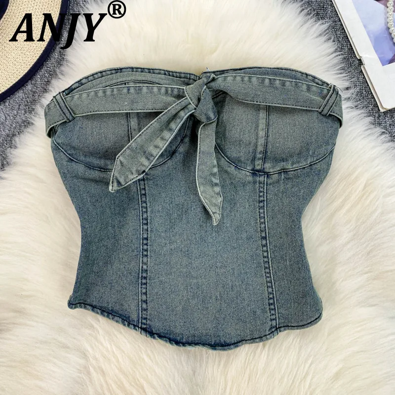 

ANJY Summer New Women Sexy Vest Lace-Up Denim Strapless Backless Slim Fit Tide Elegant High Street Y2K Chic Short Tank Top A9356
