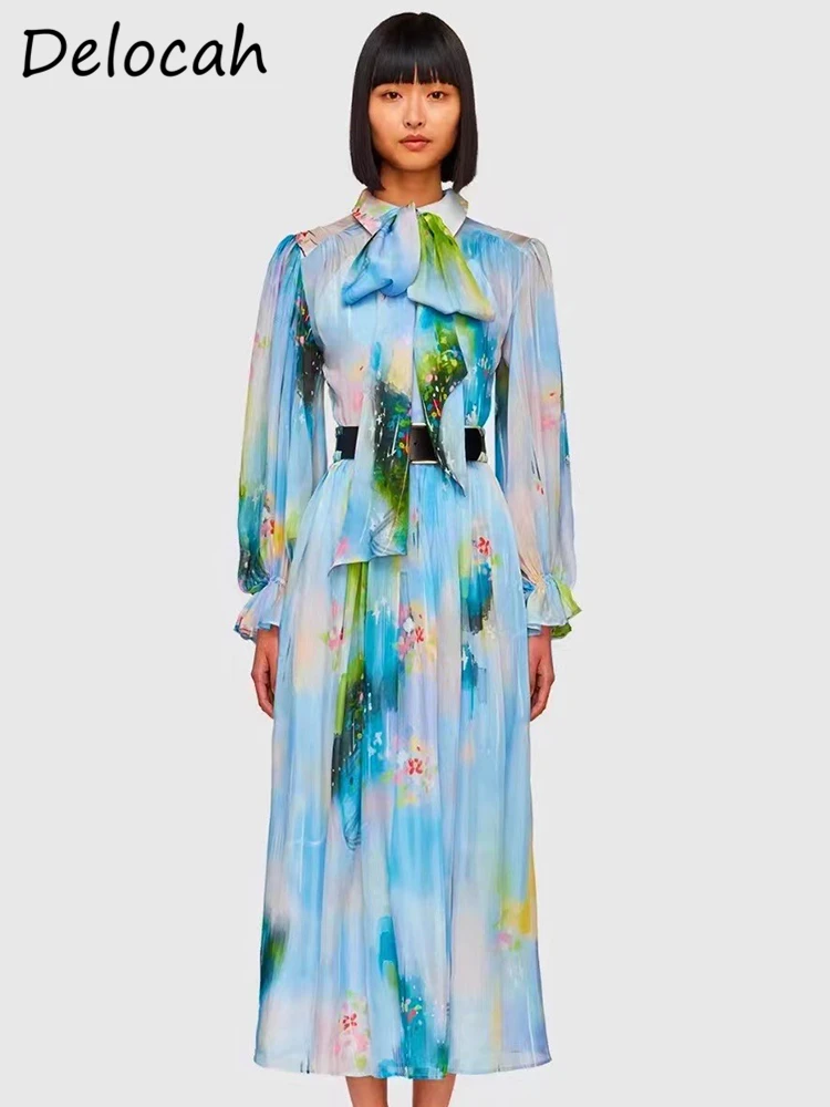 

Delocah High Quality Autumn Women Fashion Designer Midi Dress Lantern Long Sleeve Bow Floral Printed With Belt Big Swing Dresses