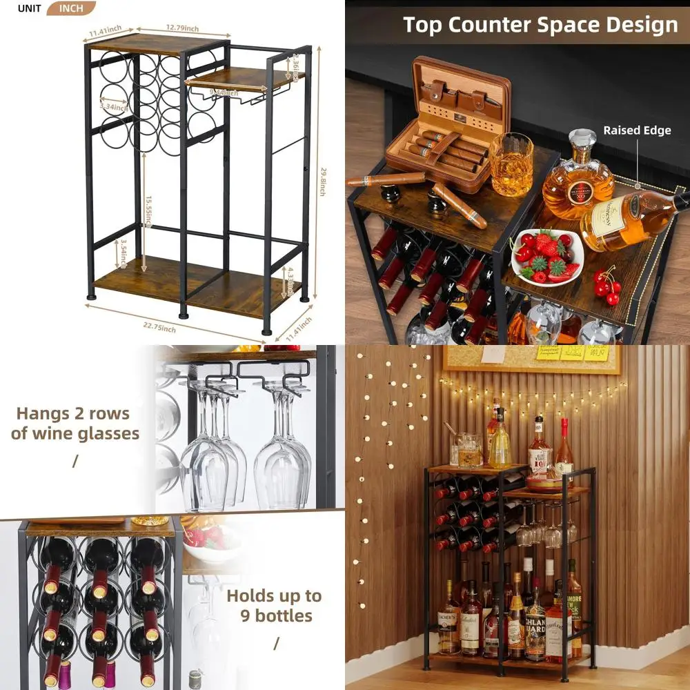 9-Bottle Capacity Home Bar Cabinet, Freestanding Wine Rack with Glass Holder and Fences, Large Corner Liquor Display