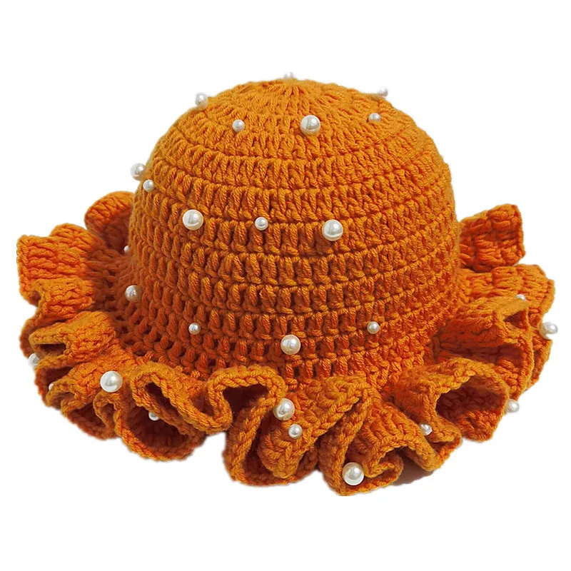 หมวกไหมพรมถักโครเชต์ขอบระบายลายสแกลลอปประดับมุก งานแฮนด์เมดสำหรับผู้หญิง แฟชั่นฤดูหนาว หมวกบีนนี่ถักไหมพรมสำหรับสาวๆ