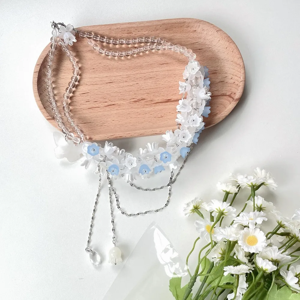 

Flower Bellflower Necklace Acrylic Beads Lilies of The Valley Chain Choker Handmade Butterfly May Bells Pendant Necklace Girls
