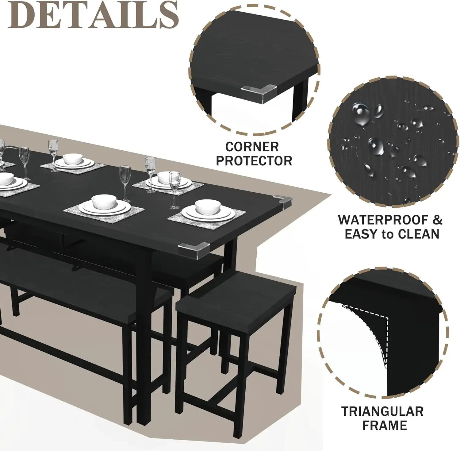 Room Table Set for 6 with Benches, 5-Piece Dining Table Set for 4-8 People 63