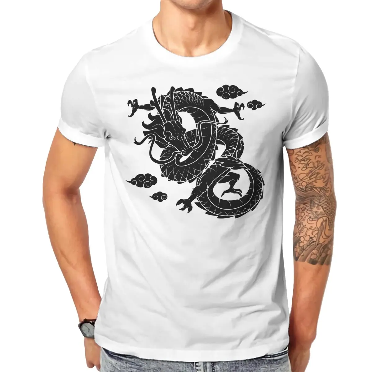 Czarne złe najnowsze koszulki smok z zachodniego styl męski z tkaniny Streetwear T Shirt