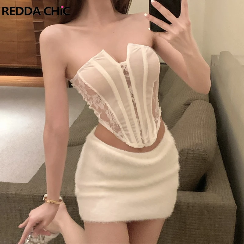 

ReddaChic Sexy Summer Asymmetric Tube Top Women Black White See-through Lace Boned Corset Crop Top Vintage Korean Undershirt