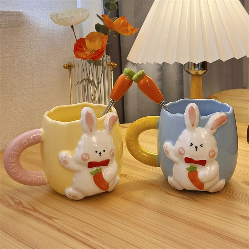 Korean Style Cute Rabbit Ceramic Mug Cartoon Hand-painted Embossed Coffee Cup Household Milk Cup with Handle Spoon suit