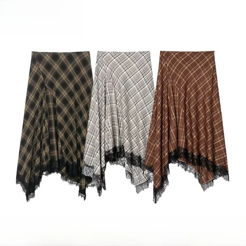 Fashionable Limited Edition Plaid Lace Skirt Spring Summer New Arrival Women's High Waist Asymmetric Polyester Fiber Skirt