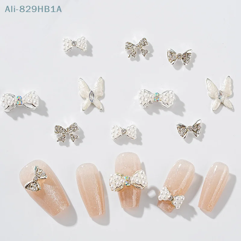 5PCS Bowknot Zircon Nail Accessories Pearl Shimmering Silver Butterfly Inlaid With Diamonds 3D Alloy Nail Decoration