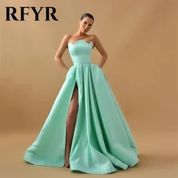 RFYR Elegant Mint Green Prom Dresses Strapless A-Line With Pockets Evening Dresses Simple Silk Side Split فساتين مناسبة رسمية