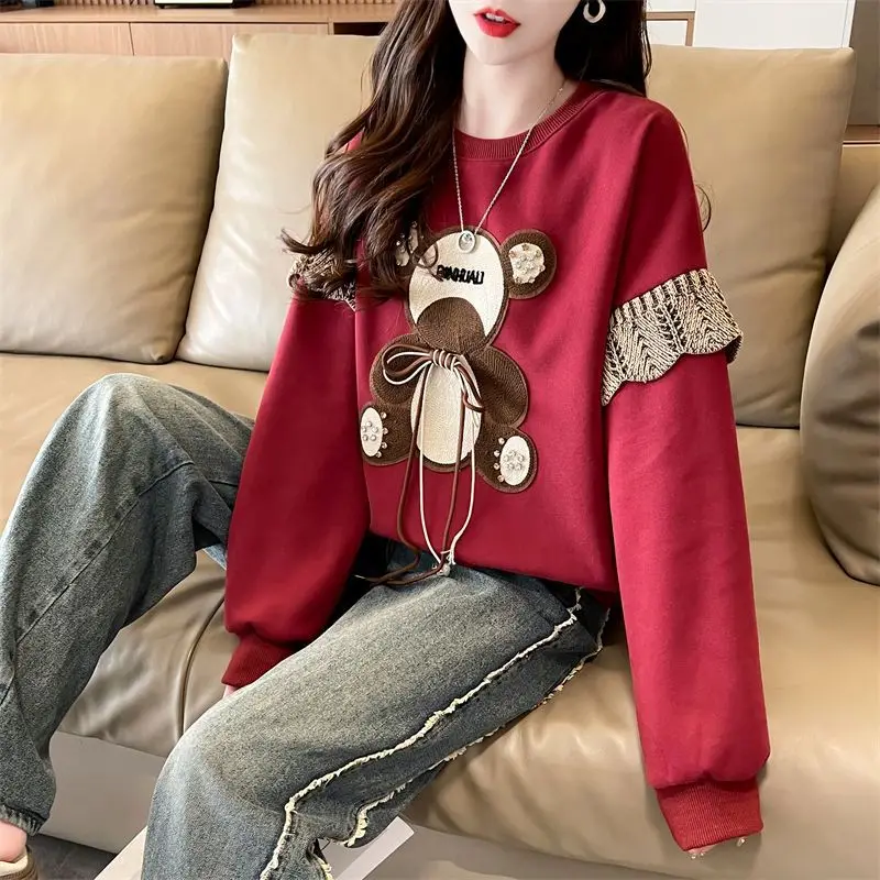 Rode Dames Sweatshirts Baggy Esthetische Designer Sweatshirt Y2k Stijl Essentiële Goedkope Emo Kleine Beer Vrouwelijke Trui Top Los