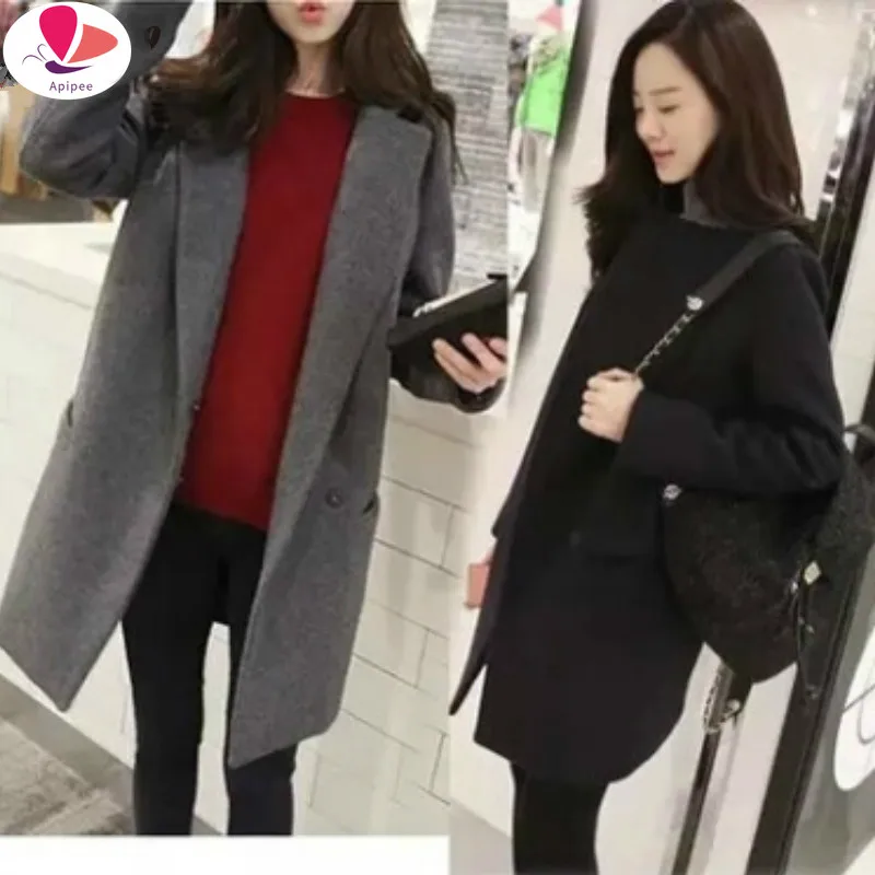 

New Thin Wool Blend Coat Women Long Sleeve Turn-down Collar Outwear Jacket Casual Spring Autumn Winter Elegant Overcoat