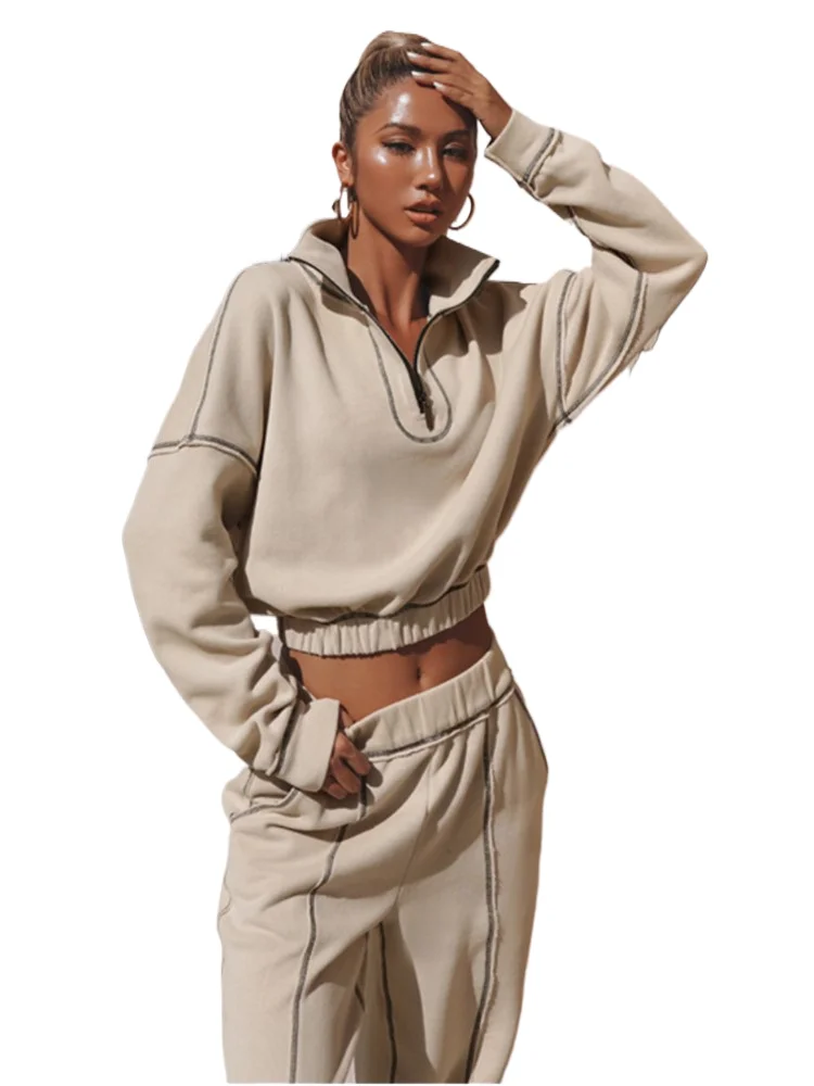 

Autumn Women Set Collar Zipper Decoration Long Sleeve Cropped Tops Pantalona Sports Winter Leisure Solid Sets New Two Piece Set
