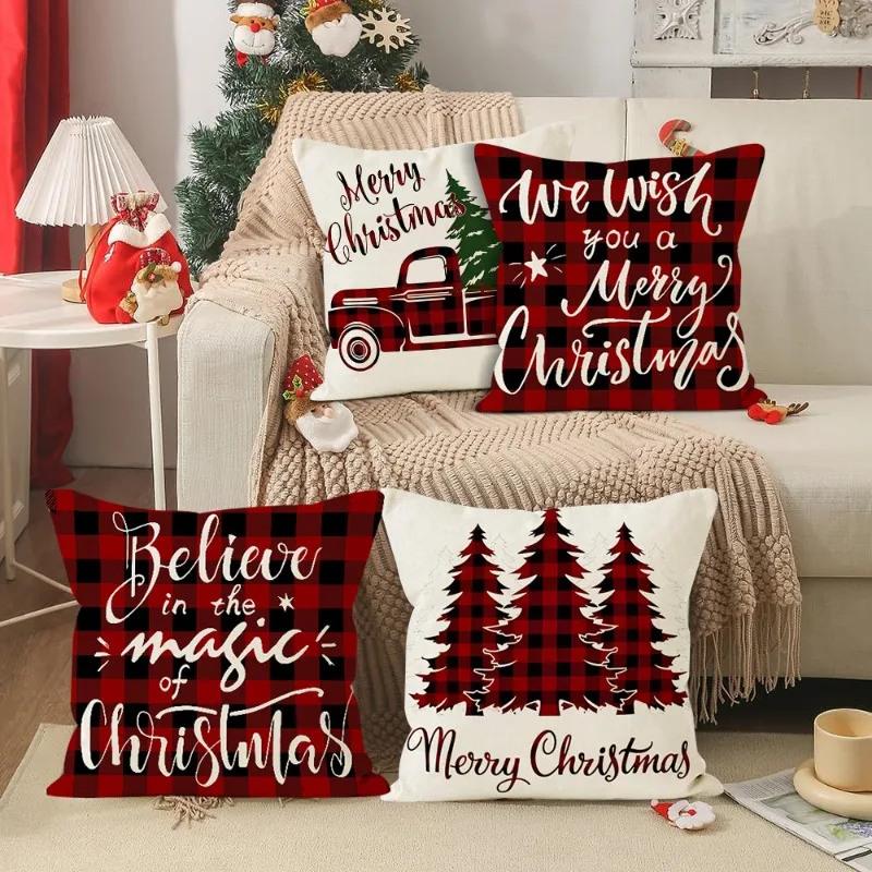 

Christmas Decorations Pillow Covers 45x45cm Set of 4,Xmas Farmhouse Buffalo Plaid Truck Throw Pillow Case for Home Sofa Couch