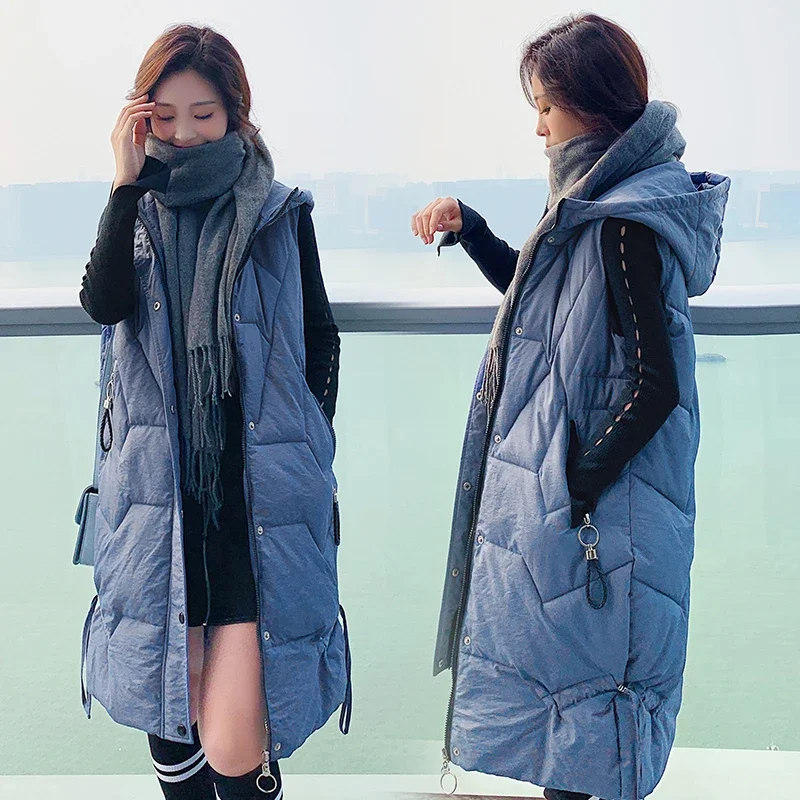 

Vest Women Autumn Winter Parka Cotton Padded Hooded Zipper Embroidery Sleeveless Long Jacket Waistcoat Female Plus Size Parkas