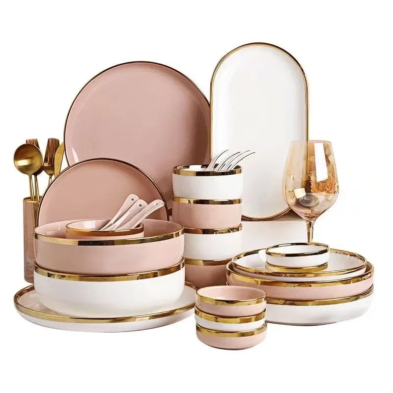 Bright White And Pink With Gold Porcelain Plates Kitchen Dinner Plate Set Ceramics Food Dishes Salad Noodles Bowl