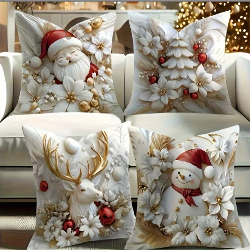 

Набор двухсторонних рождественских наволочек из 4 шт., мягкий короткий плюш с 2D плоским принтом, разные размеры для декора комнаты
