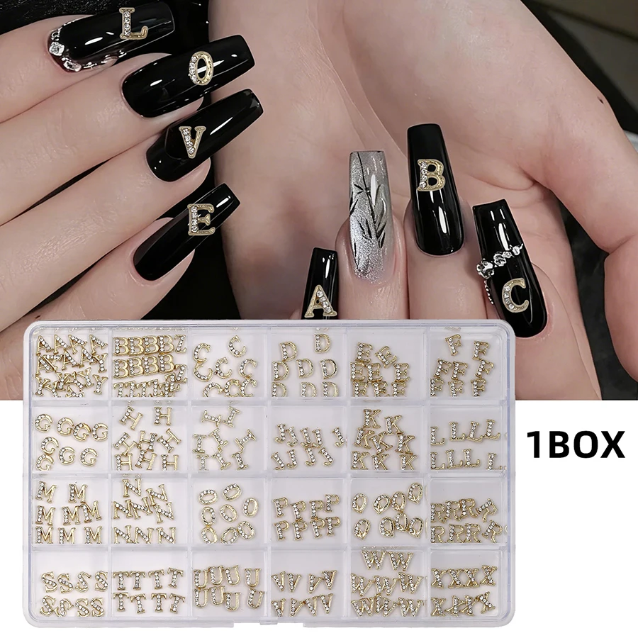 Mixed Classic 3D Alloy Gold Color Rhinestone Alphabet Nail Charms Set-A-Z Letters Gems Custom Name Initial Nail Art Decorations