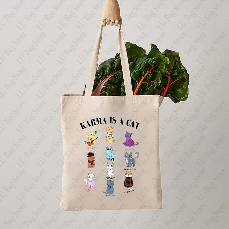 Karma Is Cat Pattern Canvas Hand Luggage The Eras Tour Tote Bags Swiftie Merch Shoulder Bags Cute Cat Shopping Bag