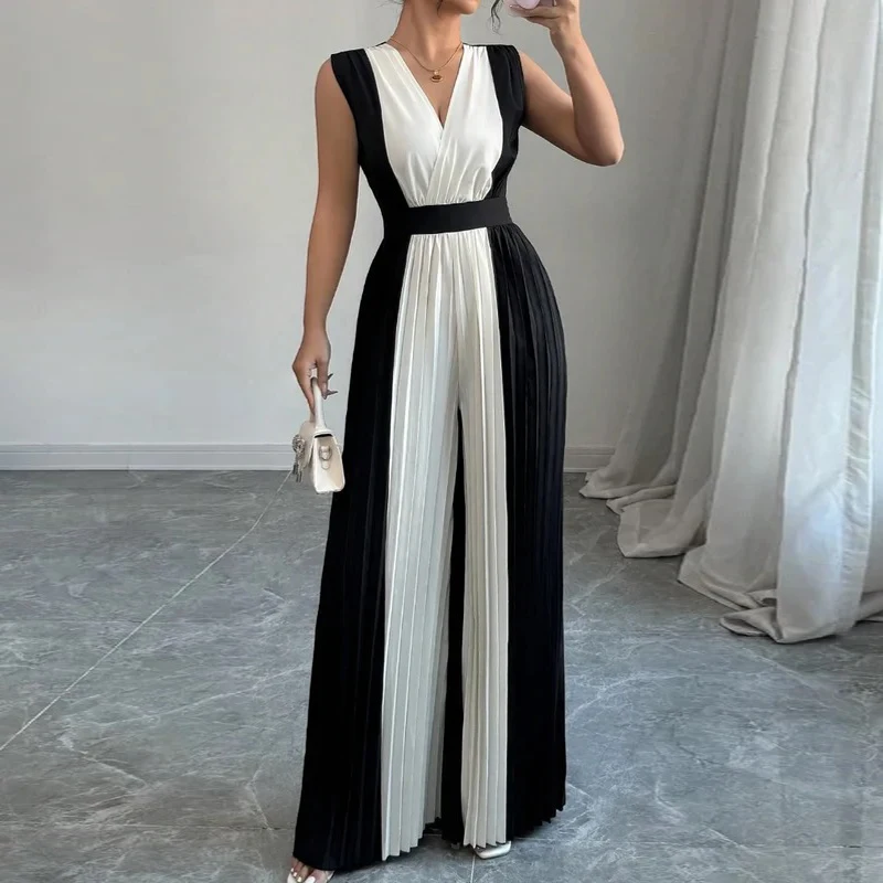 

Modigirl Summer Elegant Party One Pieces Jumpsuit Woman 2025 Contrast Color Pleated Hight Wide Leg Pants Romper Jumpsuit Women