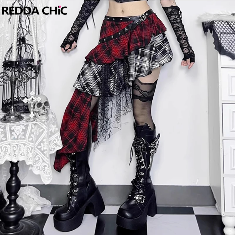 ReddaChic Women's Tartan Plaid Asymmetrical Skirt Stitch Lace Flounce Low Rise Belted Studded Ruffle Skirt Punk Retro Streetwear