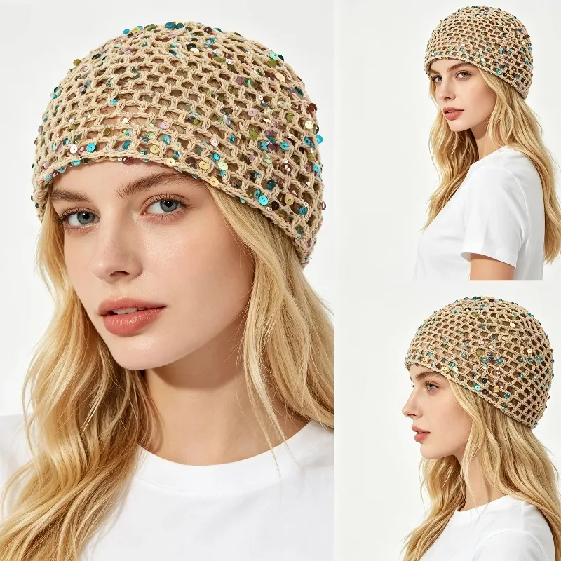 Summer Thin Sequin Hollow Hand-knitted Fishnet Hat for Women Solid Color Fashion Versatile Delicate Face-flattering Headband Hat