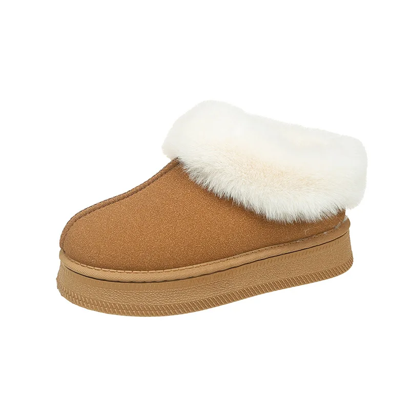 Leather Fur Wool Slippers Women Snow Boots Keep Warm Cotton Shoes Thick Platform Flip Flops Winter Chinelos Suede Warm Mules