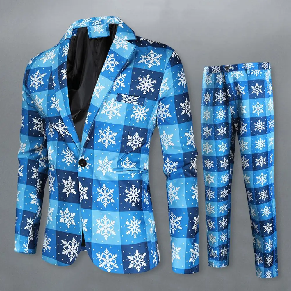 Men Slim Fit Suit Men New Year Suit Cartoon Santa Snowflake Print Plaid Pattern Men\'s Party Suit Set with Color Matching Lapel