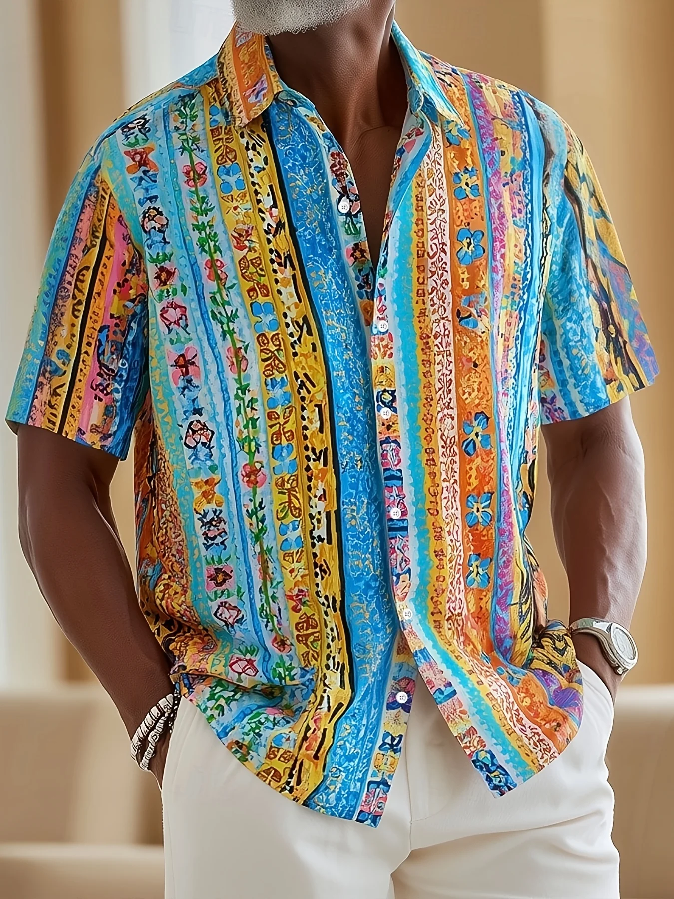 Men Short Sleeve Button Down Shirt Bohemian Colorful Vertical Stripe Floral Print Polyester Lapel Collar Beach Vacation