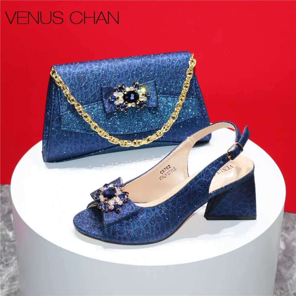 High Quality Blue Color 2024 New Design African Women Shoes and Bag Set Peep Toe with Shinning Crystal for Wedding Party