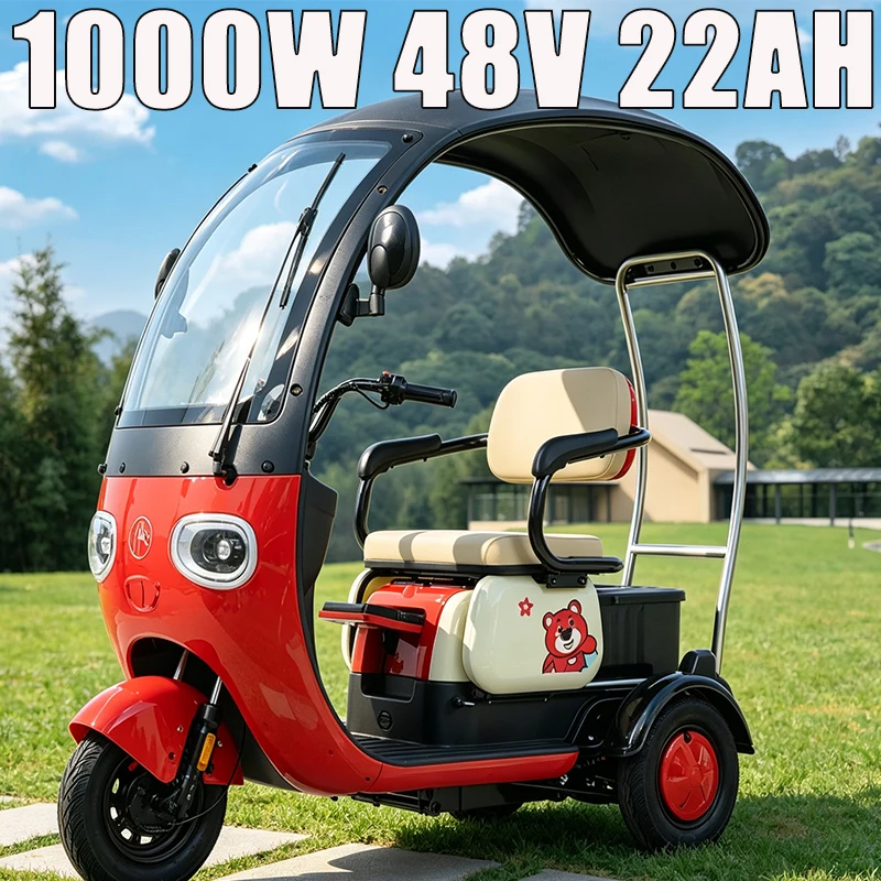 3Passenger Electric Trike With Windproof Rain Shelter Canopy Adult Vehicle For Daily Family Use Kids Pickup & Drop Off Equipped