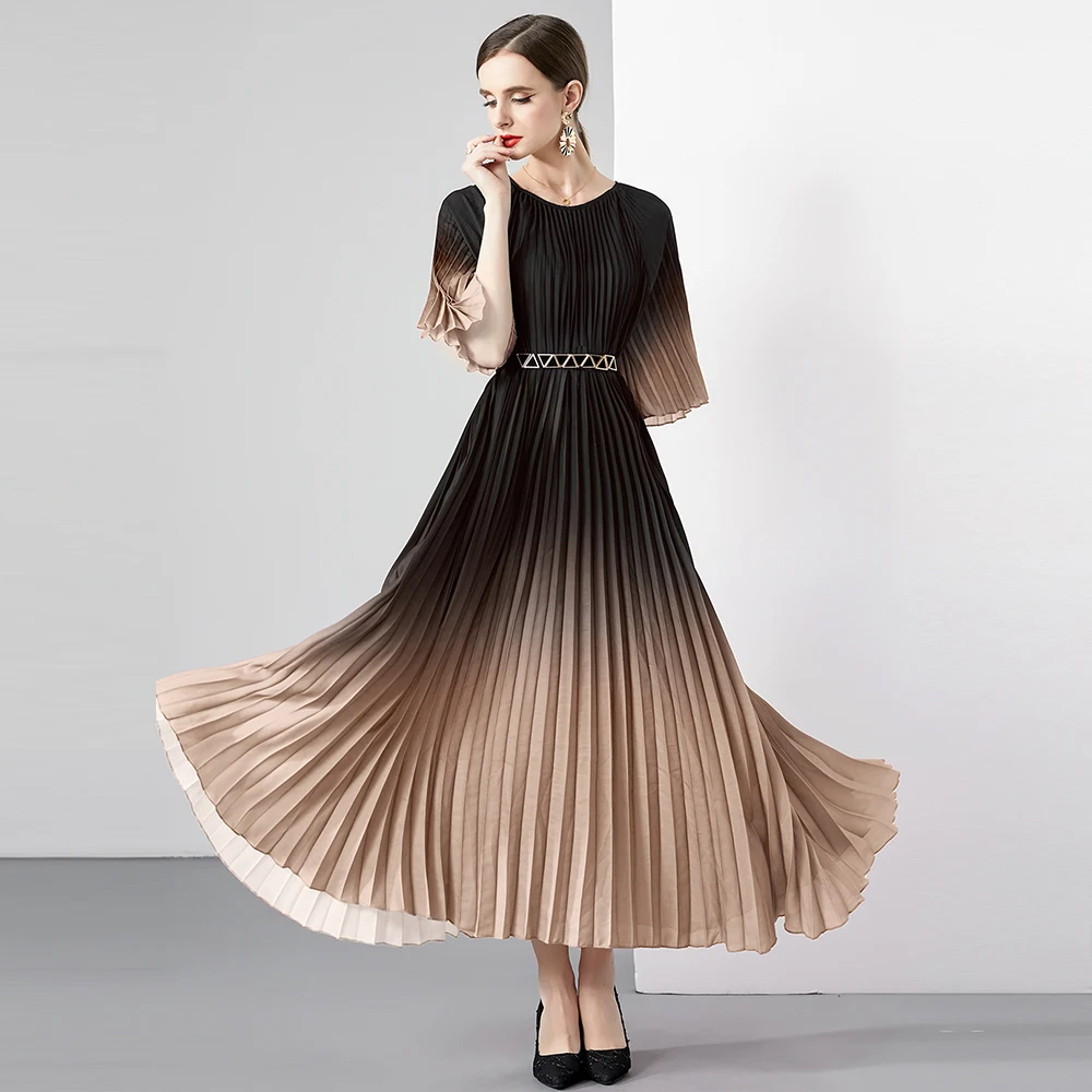 

Miyake Casual Pleated Dress Chic Summer Fashion Gradient Printed O-Neck Batwing Sleeve Oversize Loose Large Size Long Robes