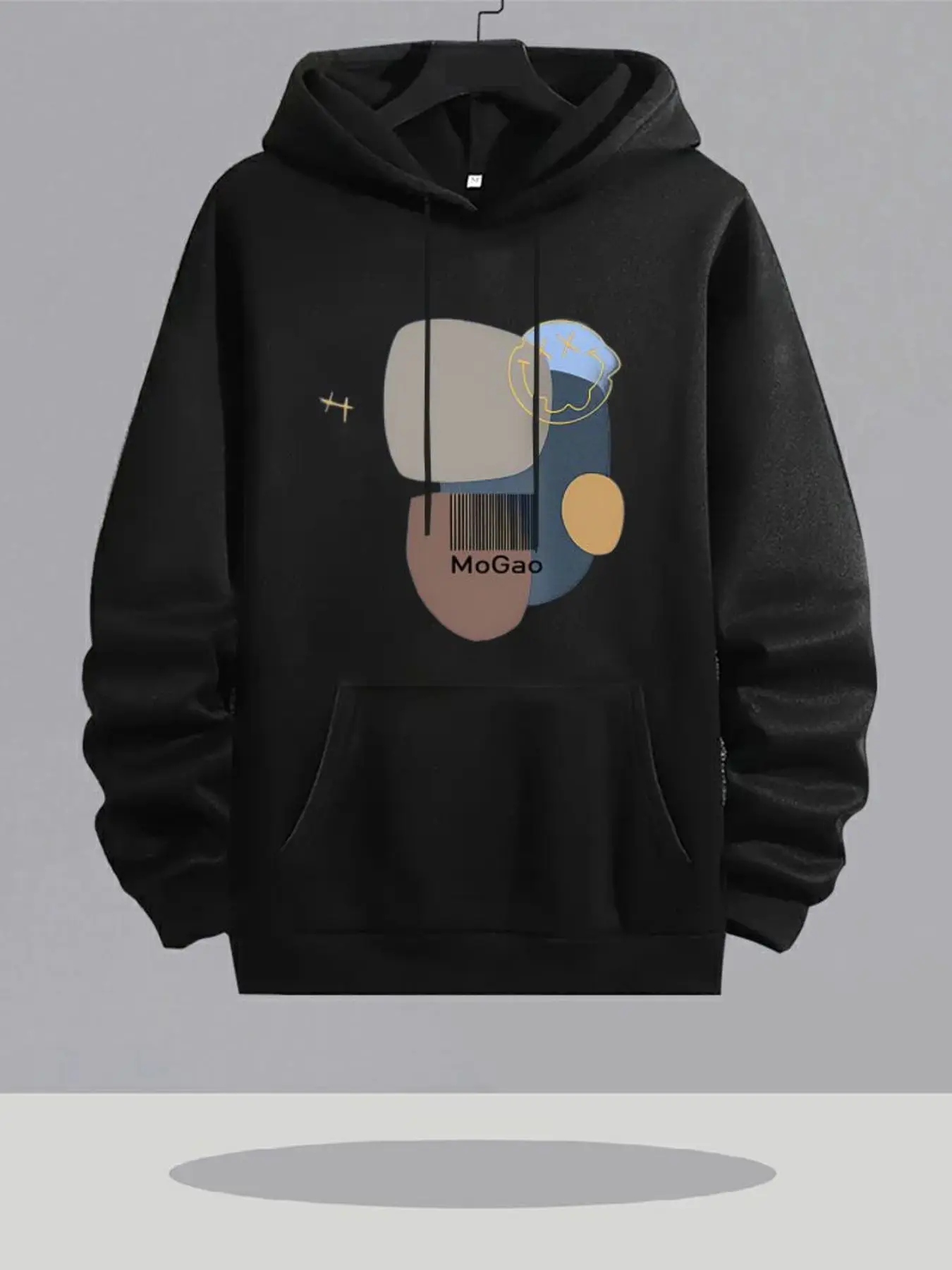 A Dark Hoodie Featuring a Front Pocket And Drawstrings, Adorned with a Graphic Design of Abstract Shapes Including Light Gray Ir