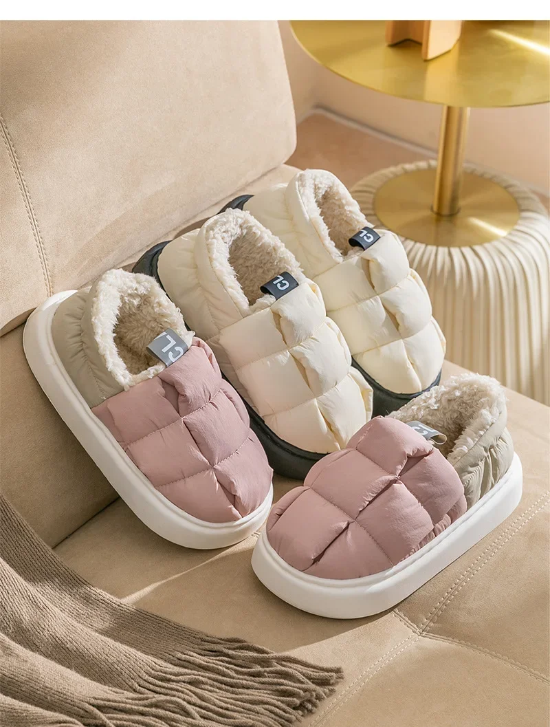 2024 New Winter Warm Cotton Slippers Waterproof Down Snow Boots Indoor Home Slippers Soft Flat Bottom Men\'s Shoes Women Slippers