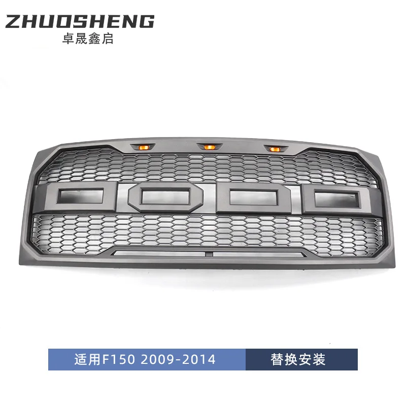Grille for 09-14 Ford F150, LED Lighted Black Mesh Front Grille, Gray Replacement Grille, Raptor Style