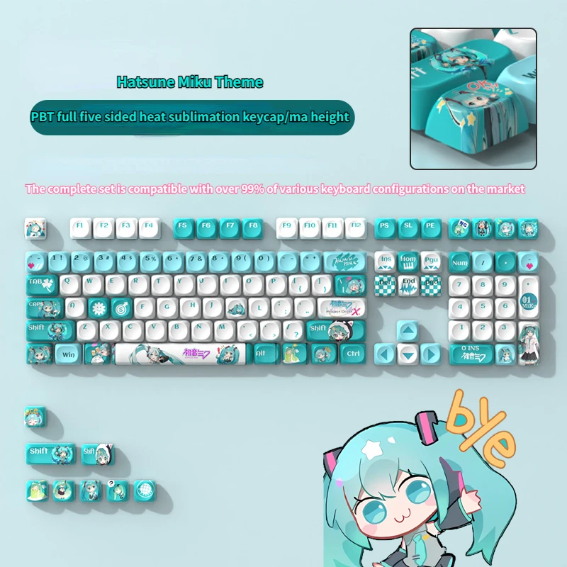 Hatsune Miku's Cute Cartoon Anime 116pcs Keycaps PBT Five Sided Heat Sublimation MOA Highly Compatible Mechanical Keyboard