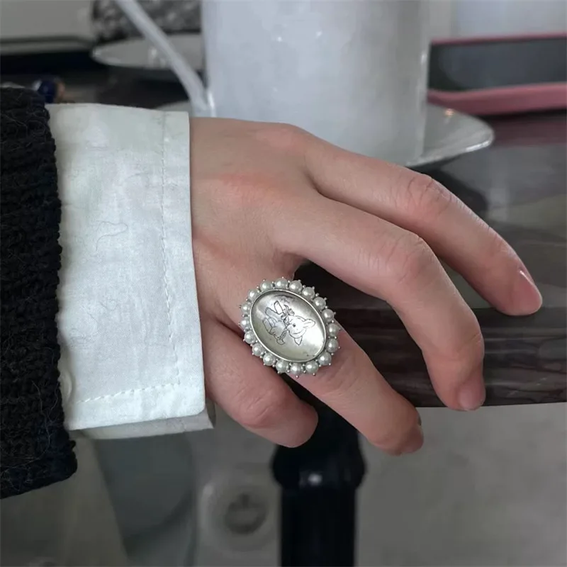 Aesthetic Shell Pearl Rings for Women Girls Zircon Flower Index Finger Ring Vintage French Jewelry Female Elegant Accessories