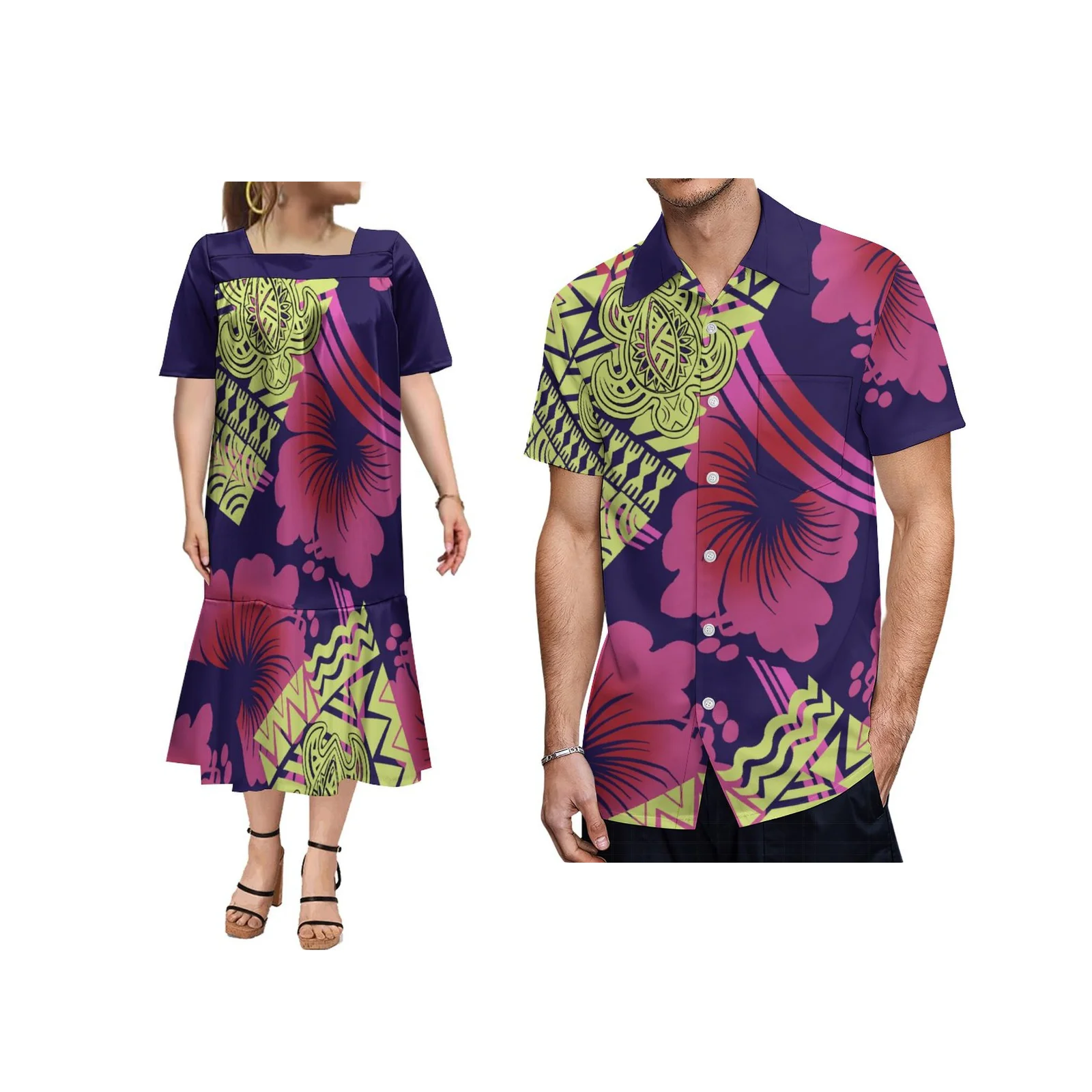 

Women's Casual Loose Samoa Long Dress Polynesian Printed Art Men's Shirt MUMU PIA Pacific Island Art Couple's Wear Fashion Match