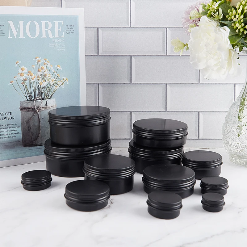 Black Empty Round Aluminum Box Metal Tin Cans Cosmetic Diy Refillable Jar