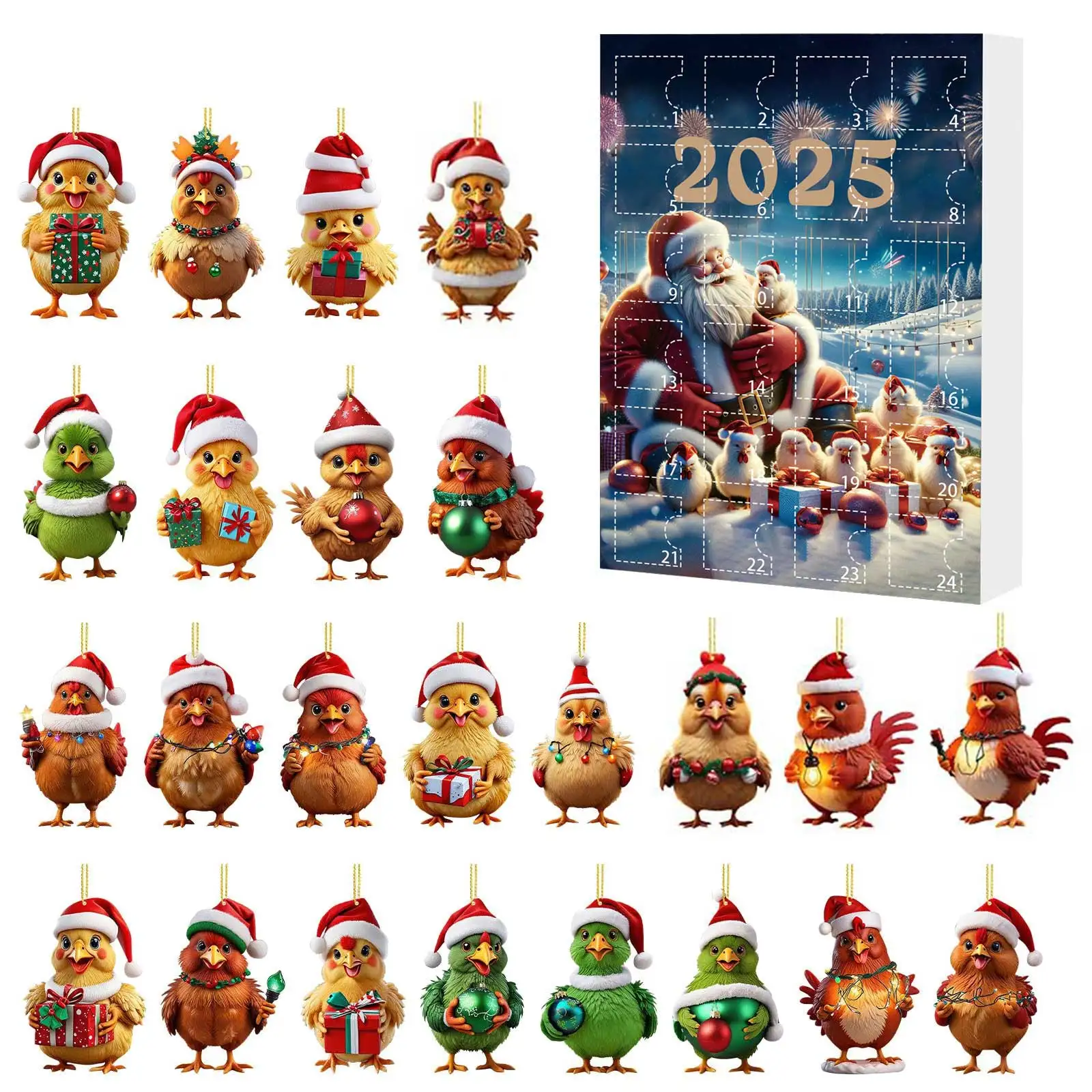 24 Hours Watch 2025 Christmas Countdown Calendar Mini Chicken Shaped Acrylic Flat Hanging Piece Holiday Countdown Calendar Adult