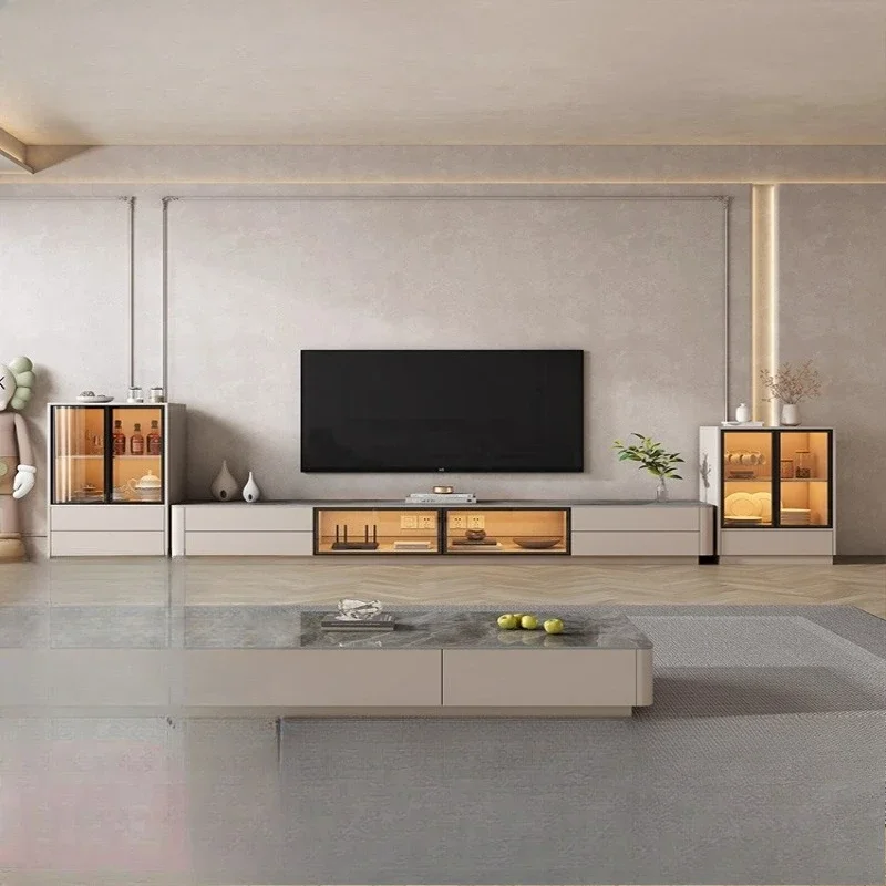 

rock slab TV cabinet coffee table combination, simple modern living room high solid wood floor cabinet, side cabinet light luxur