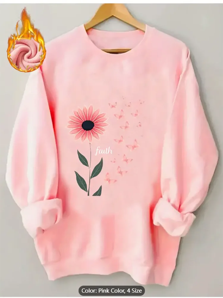 เสื้อสเวตเตอร์สีดำสตรี Faith Flower Butterfly Graphic Print Fleece Lined Casual Oversized Pullover Top Comfortable Pure Cotton